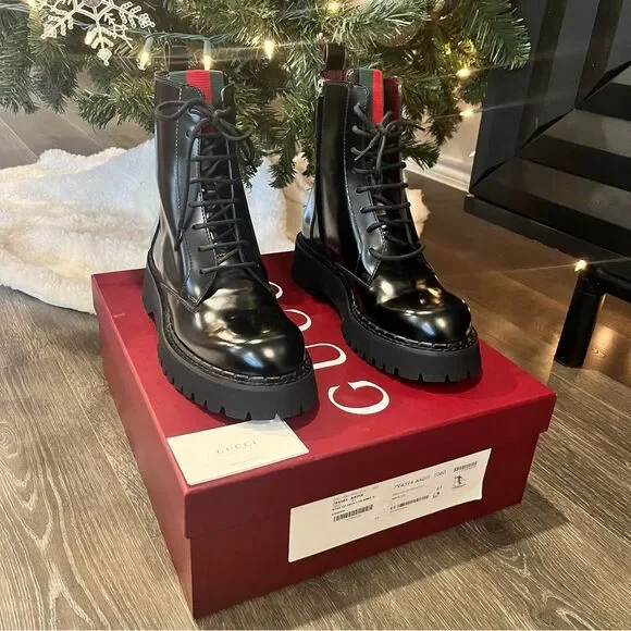 🖤NEW🖤 Gucci Black Leather Combat Lace Up Web Women’s Boots EU 41 - Picture 10 of 13